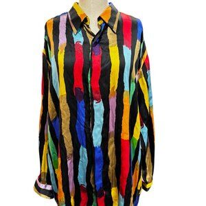 Vintage Genelli 100% Silk Rainbow Stripe Shirt Black Men’s XXL